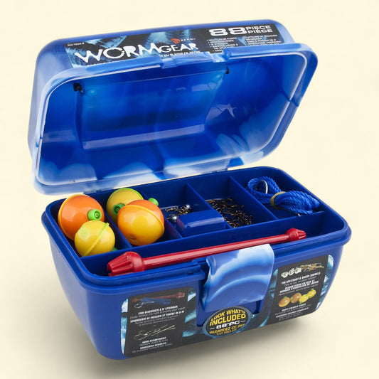 South Bend Worm Gear Fishing Tackle Box, 88-Piece, Blue