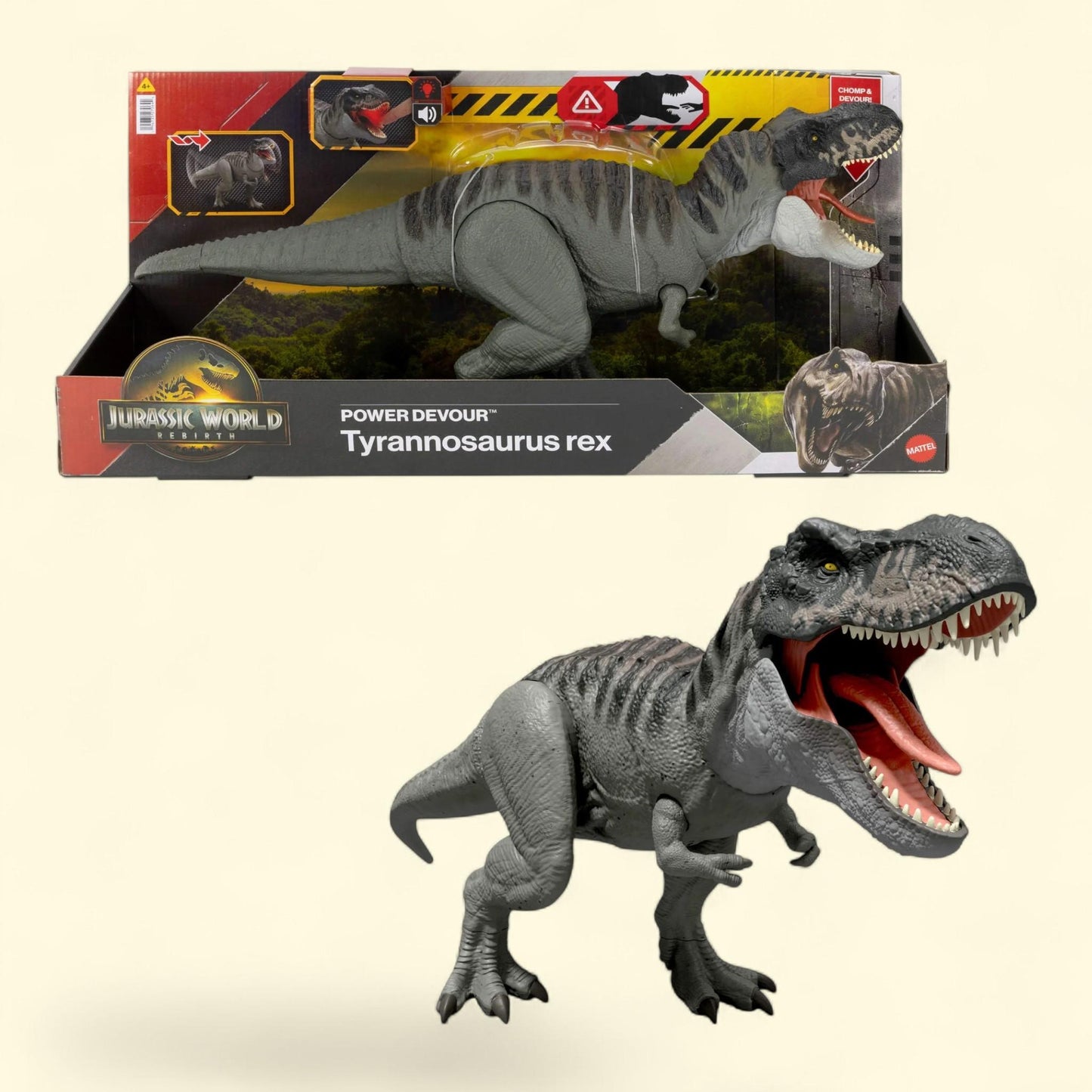Figurine de dinosaure Tyrannosaurus Rex « Devour » de la gamme « Jurassic World Rebirth Power », avec effets lumineux et sonores « Constant Chomp »