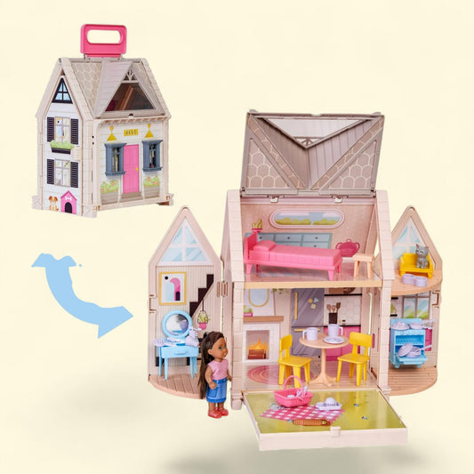 KidKraft Portable Cottage Dollhouse with Doll Included, 30 Accessories, 11.54 in