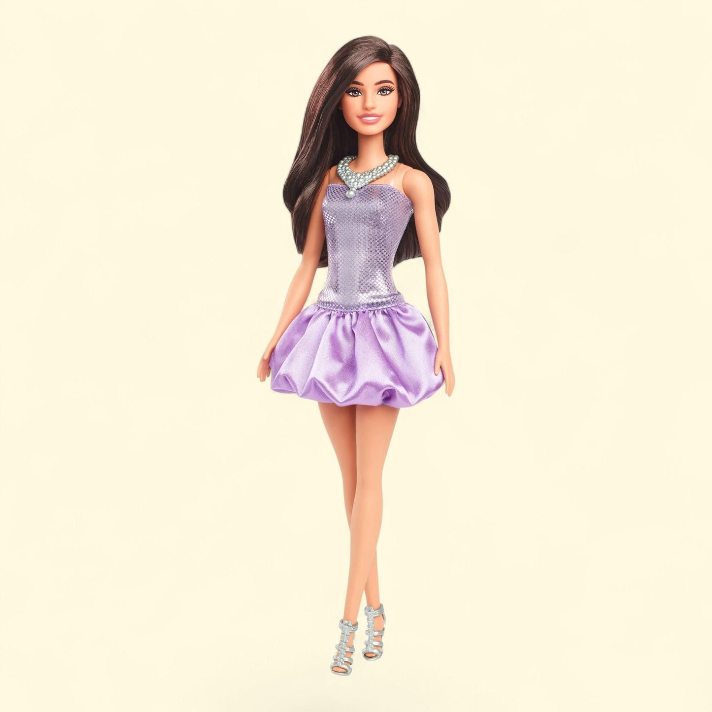 Barbie Fashionistas Doll #234, Sequined Purple Dress, Silvery Accessories, Brown Hair