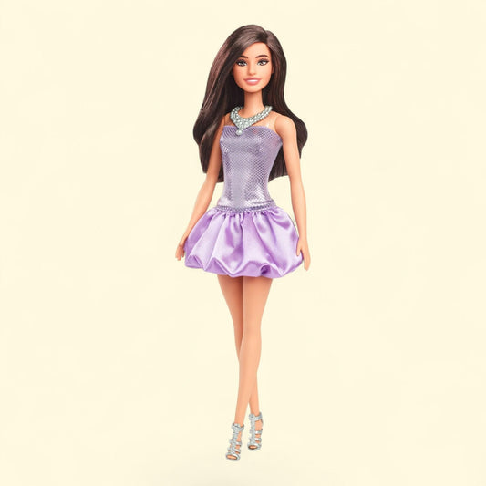 Barbie Fashionistas Doll #234, Sequined Purple Dress, Silvery Accessories, Brown Hair