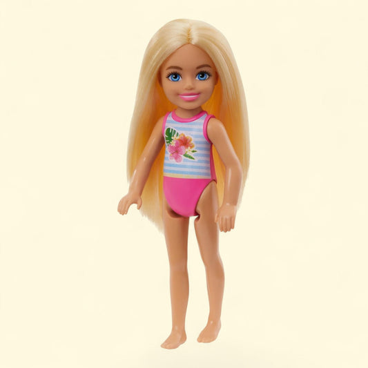 Barbie Chelsea Small Doll, Beach Swimsuit, Blonde Hair & Blue Eyes, Stripes & Floral Print, 6.00 in