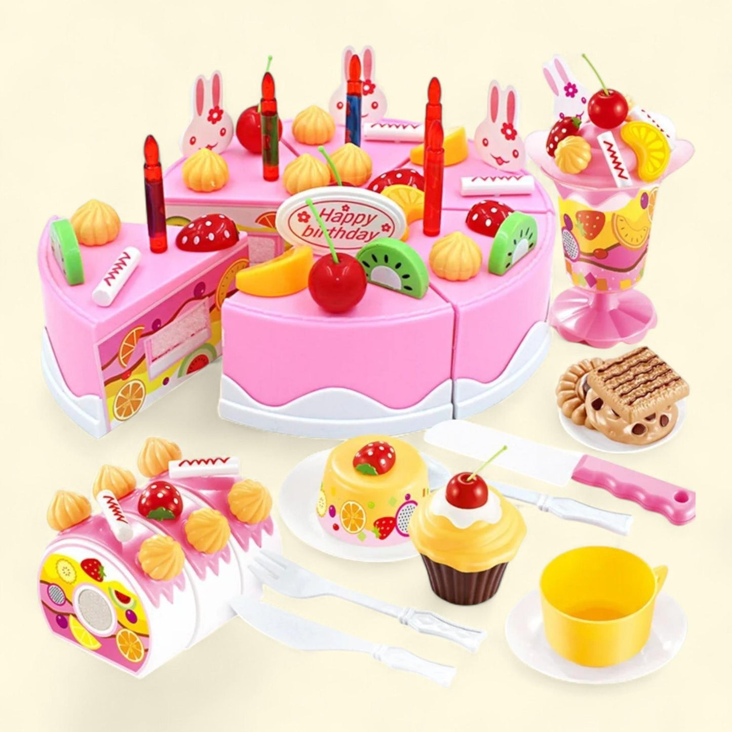 Mundo Toys Birthday Cake Toy Pink Play Food Set 75 Pcs Plastic Kitchen Cutting Pretend Play, +3