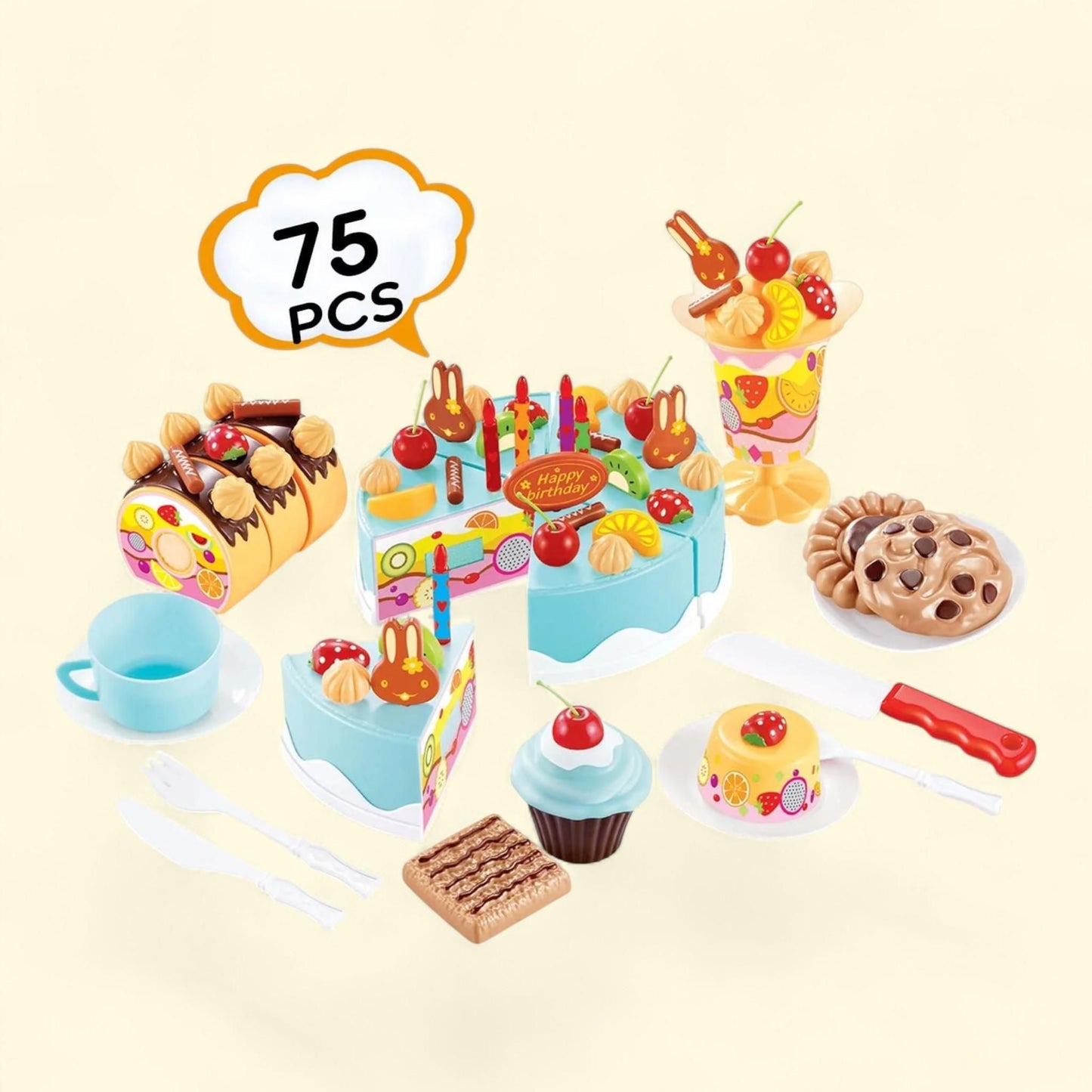 Mundo Toys Birthday Cake Toy Play Food Set, 75 Pieces