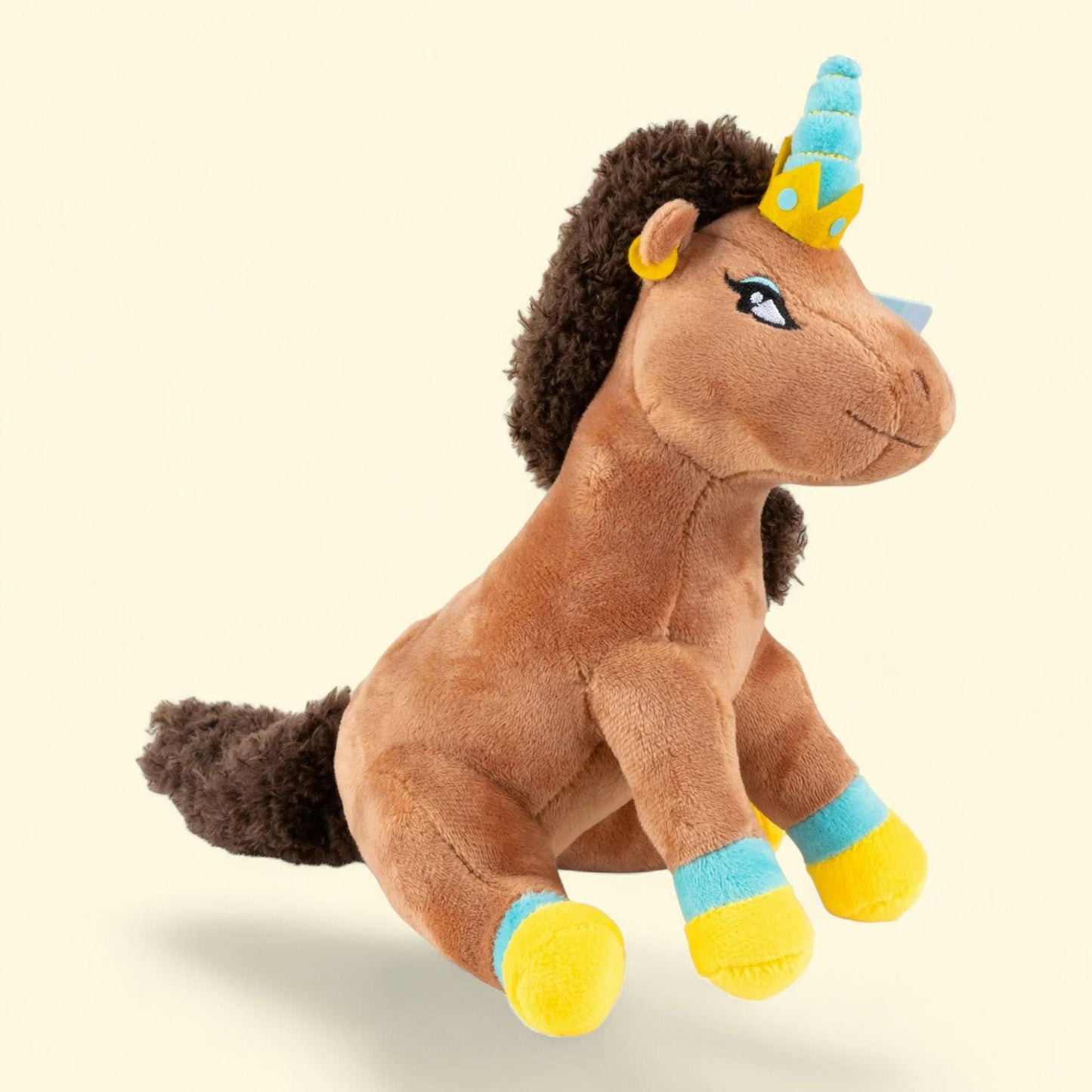 Afro Unicorn Plush Animal, Brown, Any Age, Soft Gold and Blue Trim, 10 in