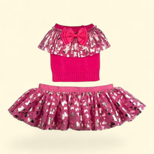 Doggy Parton, Ruffle Sweater and Skirt Two Piece Pet Set, Pink, XXL