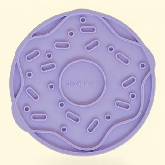 Dexypaws Enrichment Lick Mat: Lilac Donut Delight, Grooved Silicone, Pet Soothing, Suction Back. 7.68 x 7.40 x 0.39 inches