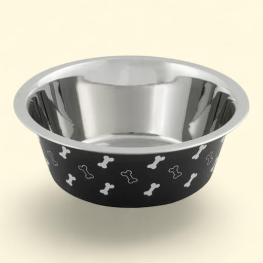 Vibrant Life Stainless Steel Dog Bowl, Large, Black with Bones, 48 Fluid Ounces