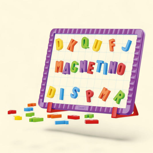 Quercetti Magnetic Letters Starter Set, 44 Letters & Magnetic Grid Board, ABC & Spelling, 4+