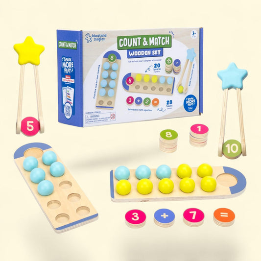 Educational Insights Count & Match 20 Beads Wooden Abacus, Preschool Counting Set with Fine Motor Tweezers,  Ages 3+