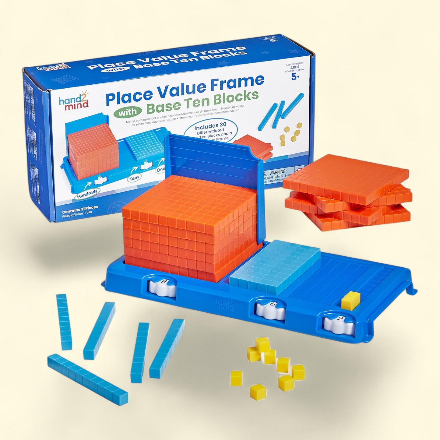 hand2mind Place Value Frame with Base Ten Blocks, Elementary School Math Manipulatives,  Ages 5+