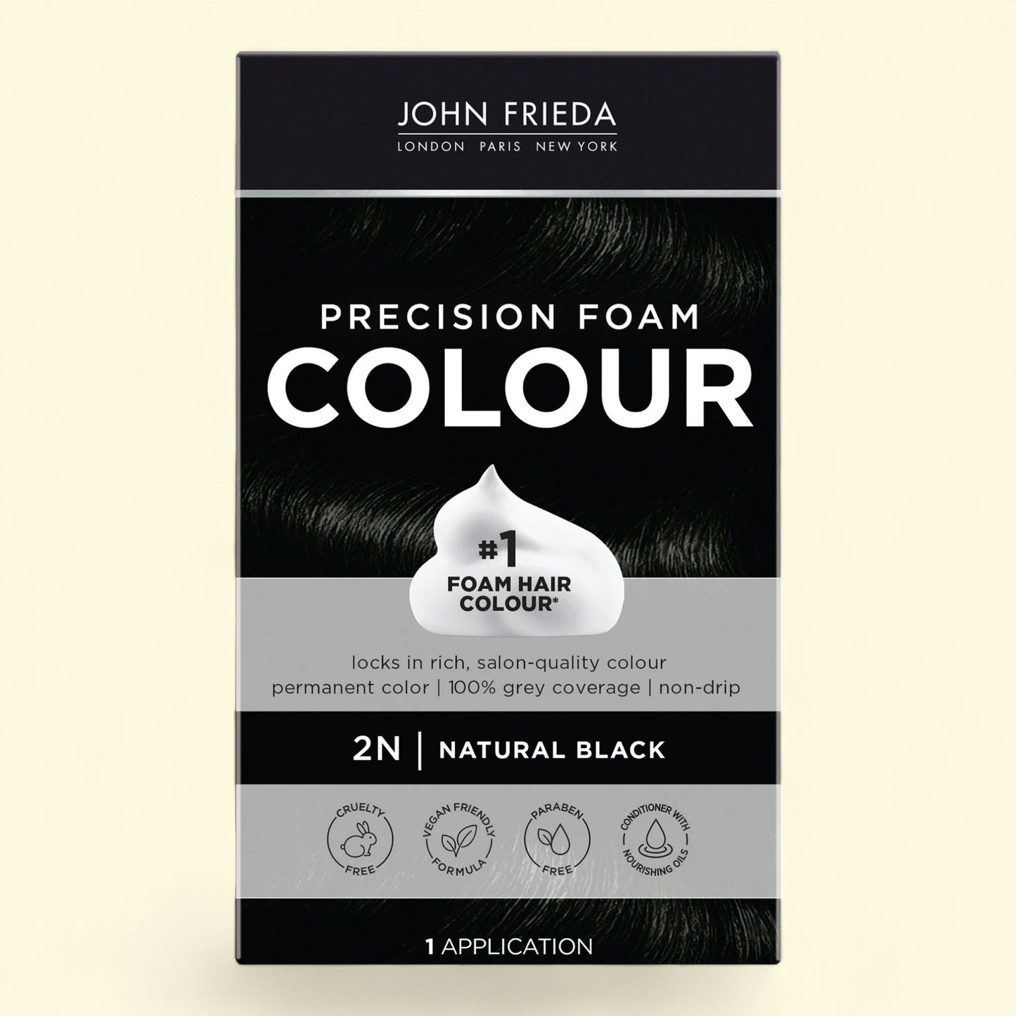 John Frieda Precision Hair Dye Color Foam Kit, 2N Natural Black, 1 Application, 1 Pack