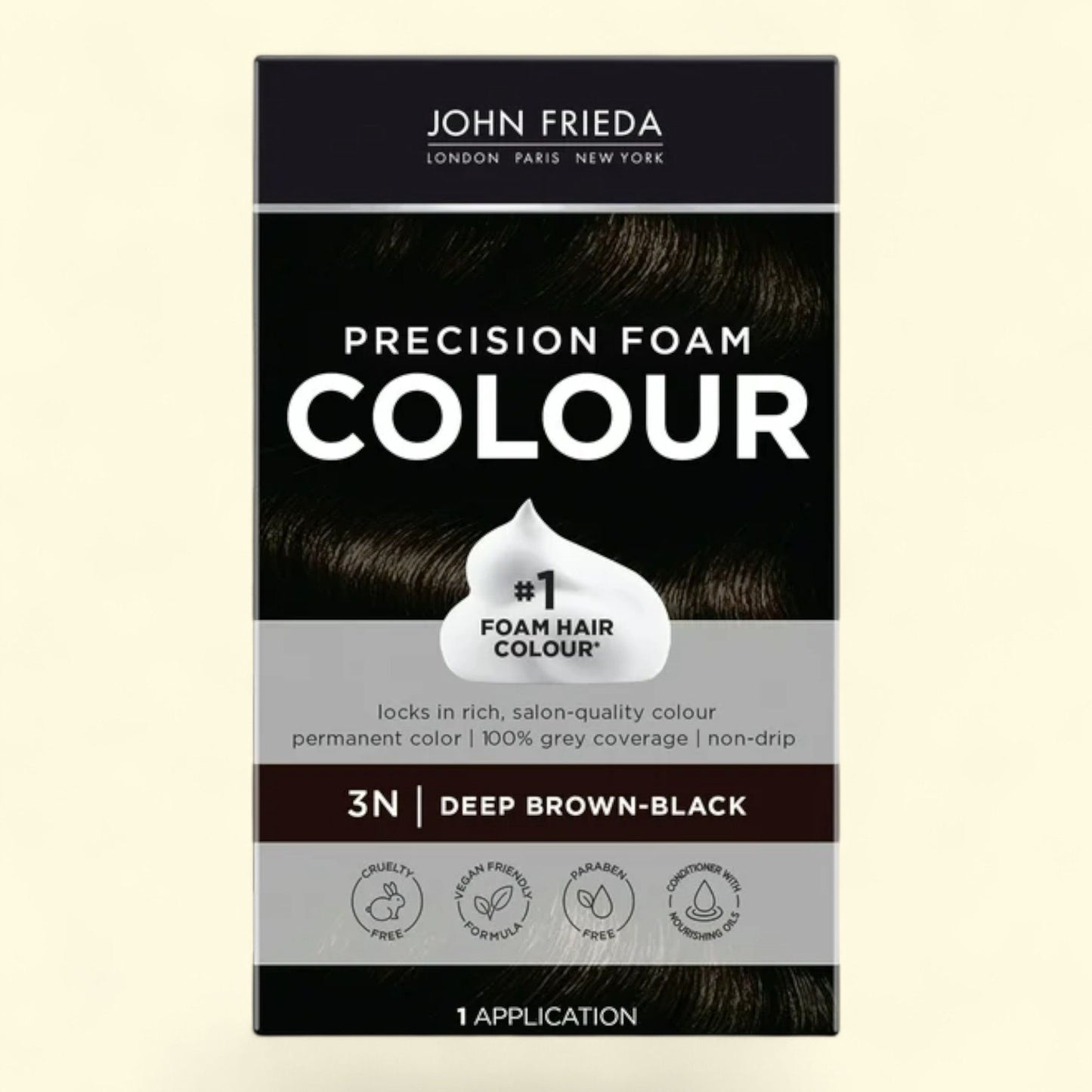 John Frieda Precision Foam Hair Dye, 3N Deep Brown Black, 1 Application, 1 Pack