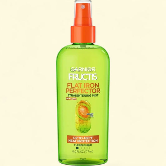 Garnier Fructis Flat Iron Perfector spray bottle on a beige background