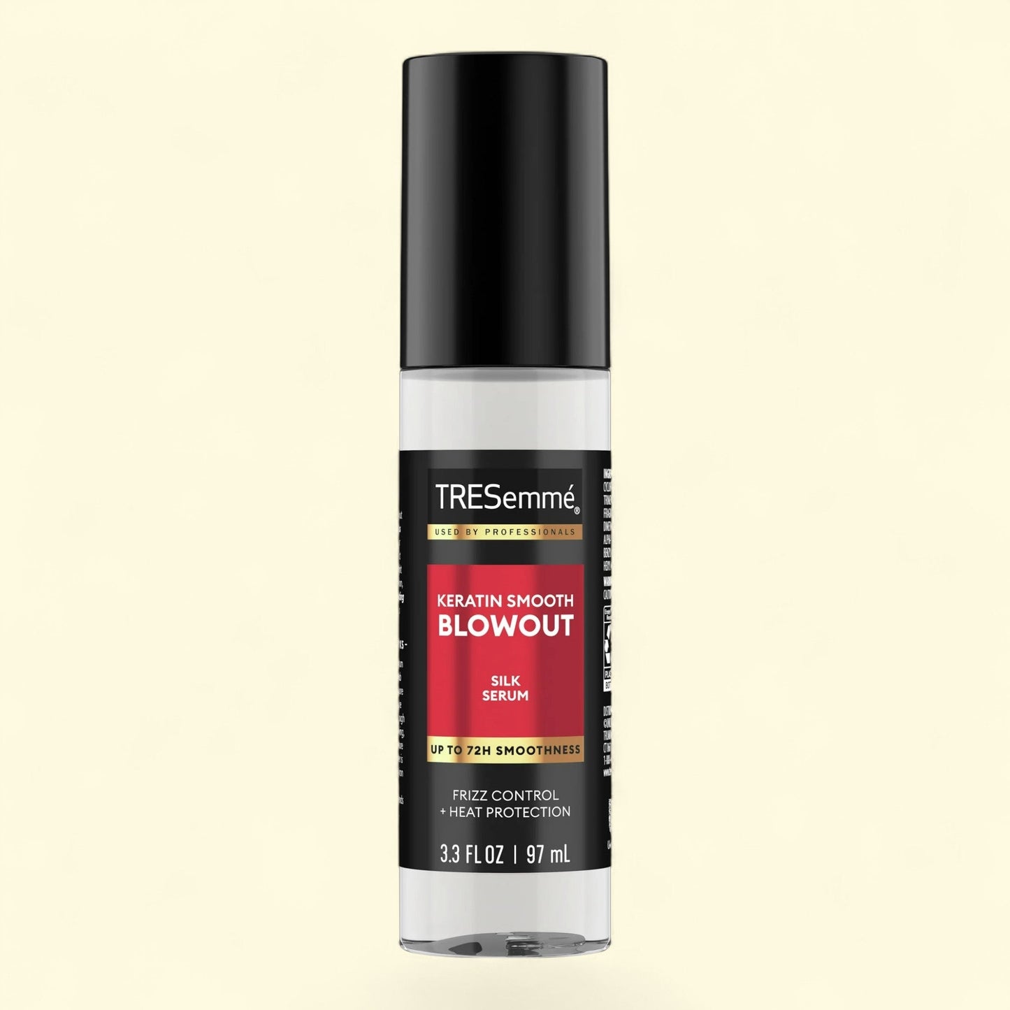 TRESemmé keratin smooth blowout silk serum bottle on a black background