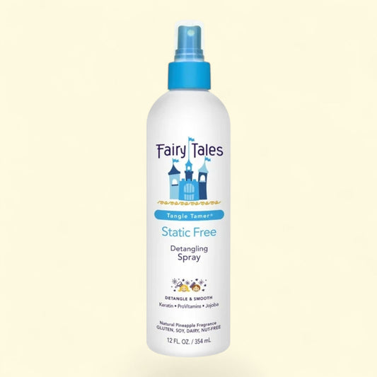 Fairy Tales Static Free Detangling Spray bottle on a light beige background