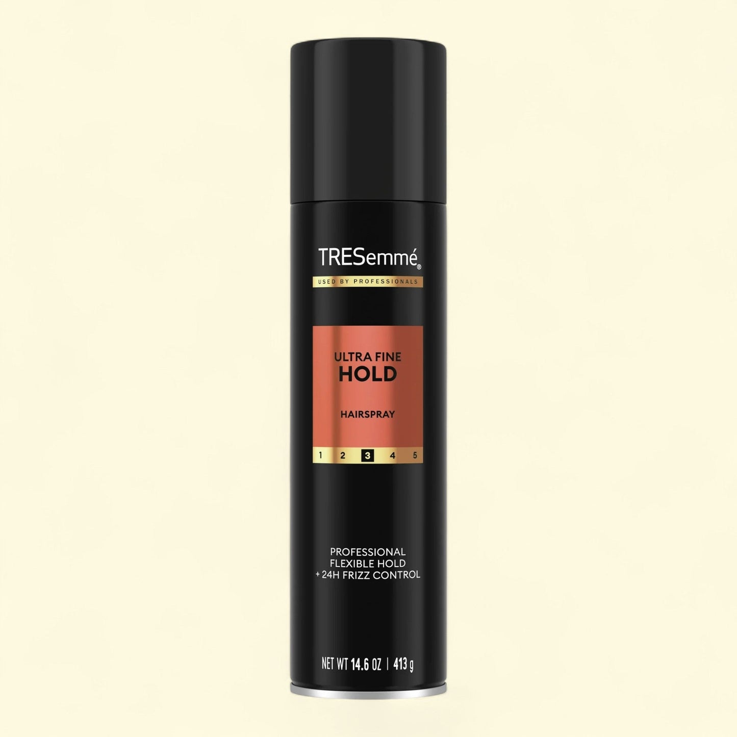 TRESemmé ultra fine hold hairspray can on a black background