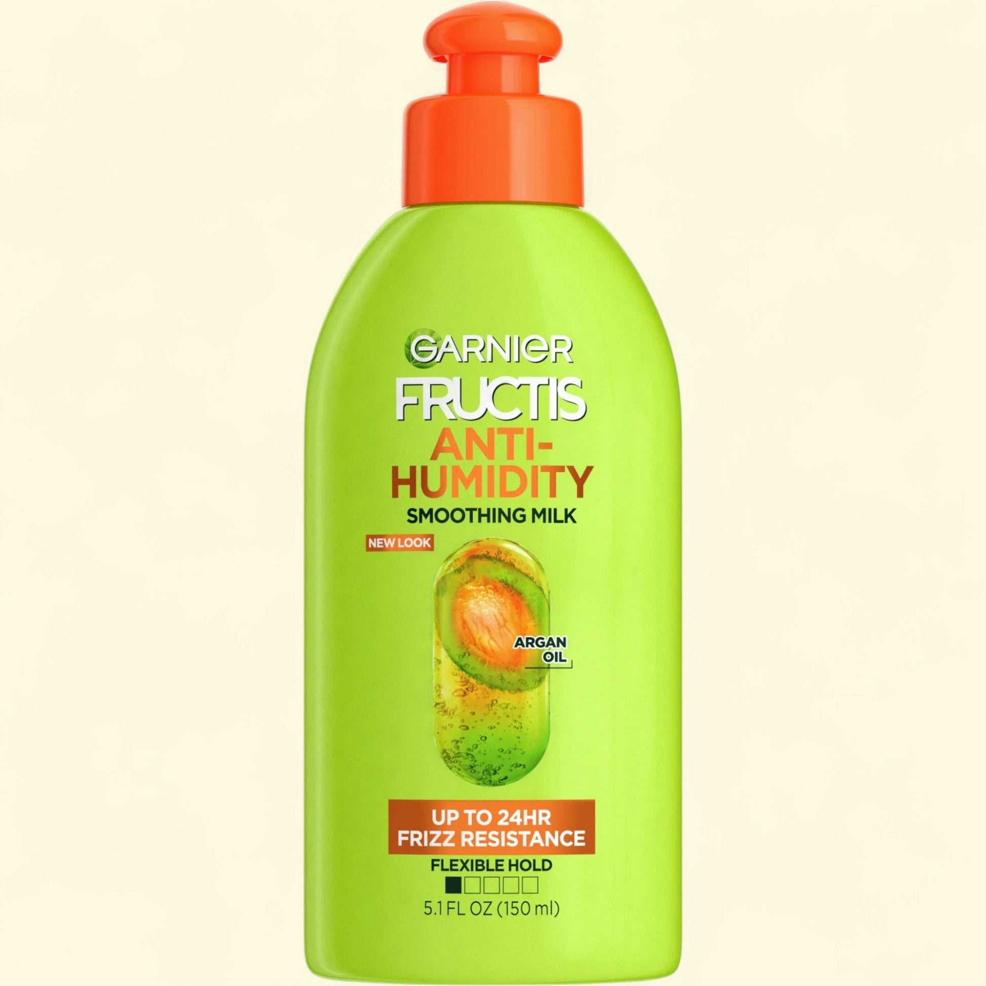 Garnier Fructis Anti-Humidity Smoothing Milk bottle on a beige background