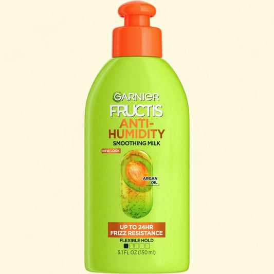 Garnier Fructis Anti-Humidity Smoothing Milk bottle on a beige background