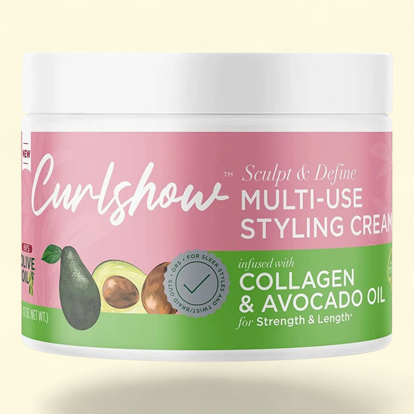 Curlshow multi-use styling cream with avocado and collagen on a beige background