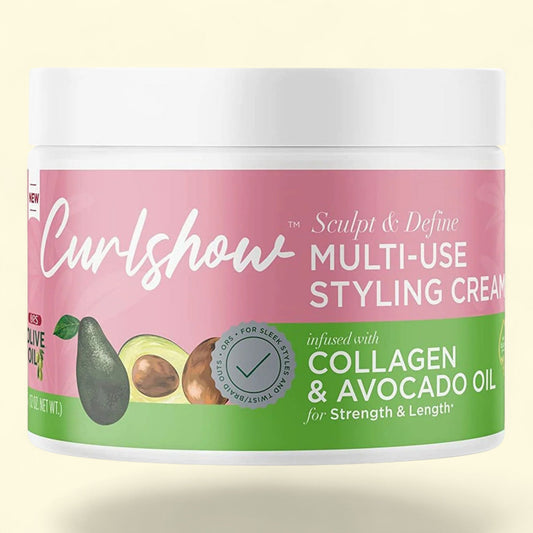 Curlshow multi-use styling cream with avocado and collagen on a beige background