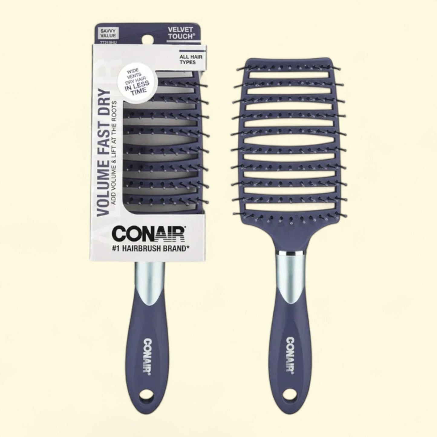 Conair Velvet Touch Hair Brush, Extra-Wide Concave Vent, Blue, (Single Unit)