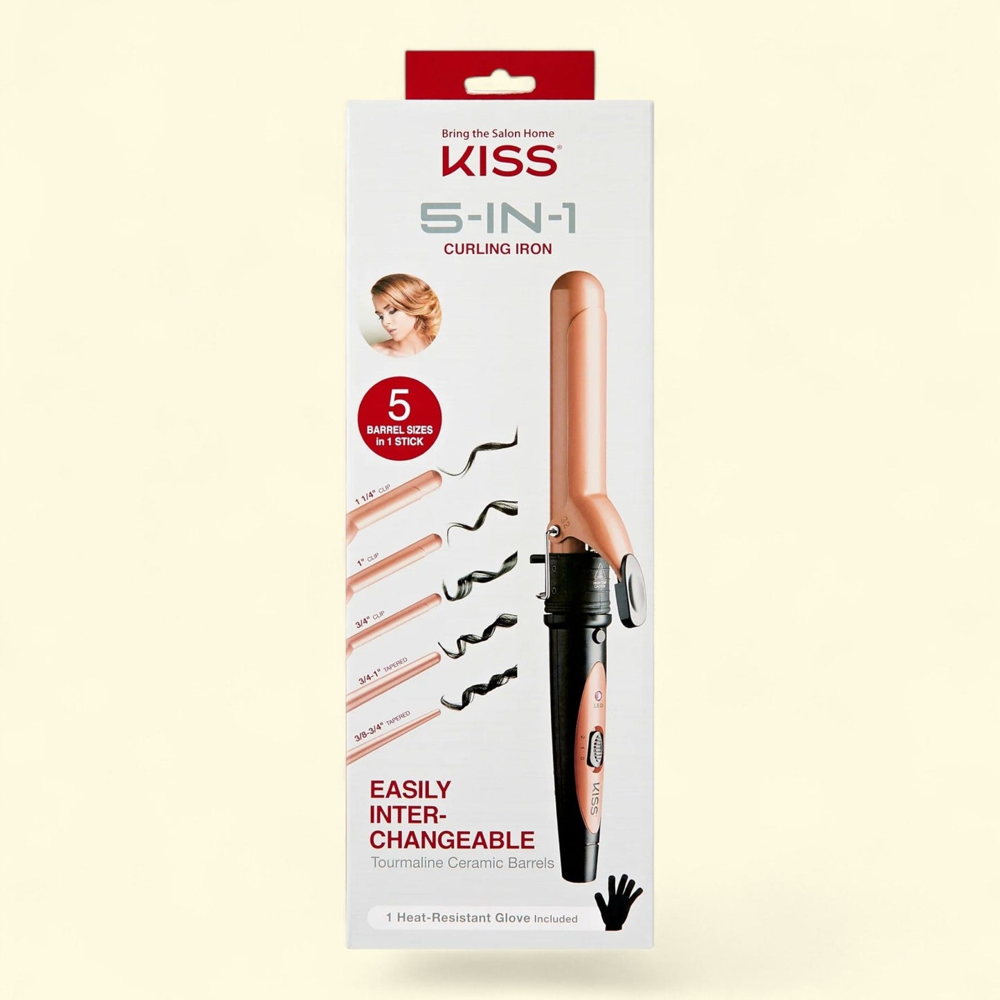 KISS Curling Iron, 5-In-1, Interchangeable Gold Tourmaline Ceramic Barrels, (Single Unit)