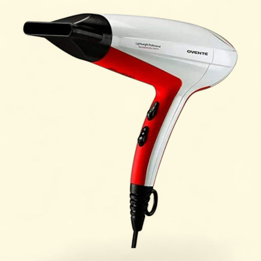 OVENTE Lightweight Hair Dryer, 1875 Watt, White & Red, Ionic & Tourmaline Technology, (Single Unit)