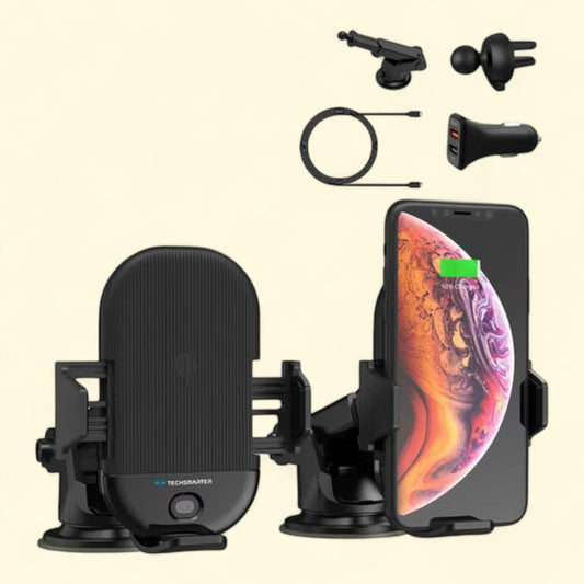 Techsmarter Wireless Car Phone Mount Holder & Charger, 15W, Compatible with iPhone 11, XS, XR, X, 8, Samsung S20, S10, S9, S8, S7, 1 count