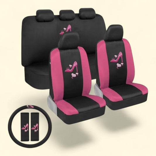 BDK Car Seat Covers, Two-Tone Pink Heels, Full Set with Steering Wheel Cover and Seat Belt Pads, Front and Rear Covers, Fits Most Cars Trucks Vans SUVs, SCPRINTS