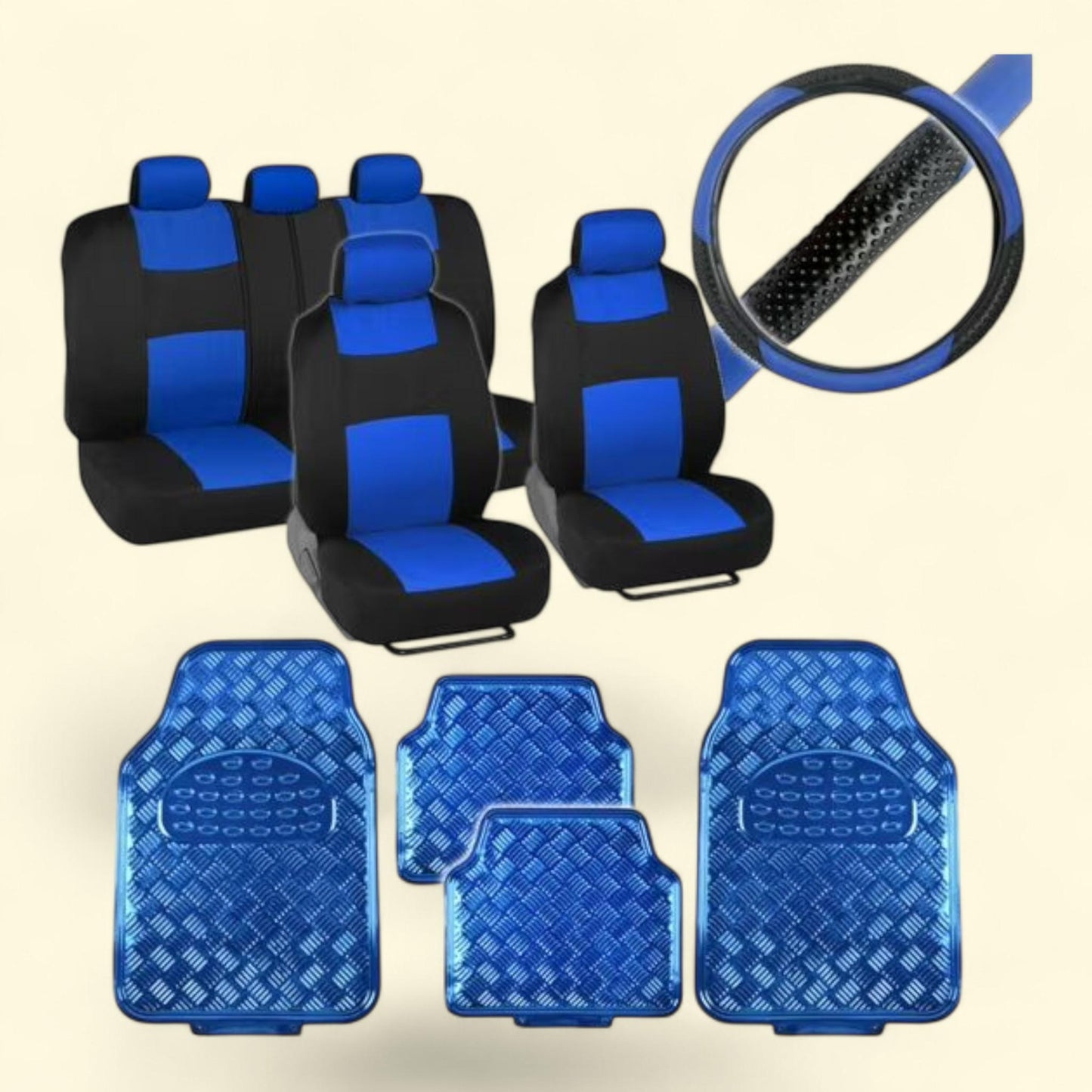 BDK PolyPro Car Seat Covers, Full Set - Front and Rear Split Bench Protection, Includes 4PC Vibrant Metallic Floor Mats & Steering Wheel Cover, Fits Most Auto Truck Van SUV