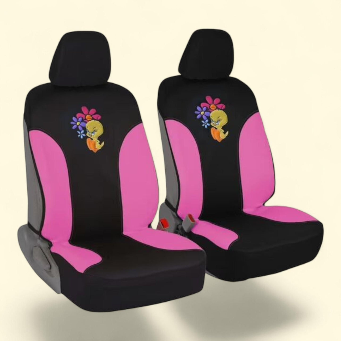 Tweet Bird Car Seat Covers, Front Pair Pink Sides, Tweety Bird Attitude, Side Airbag Compatible