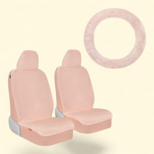 Carbella Sheepskin Car Seat Covers and Steering Wheel Cover, Faux Fur, Pink