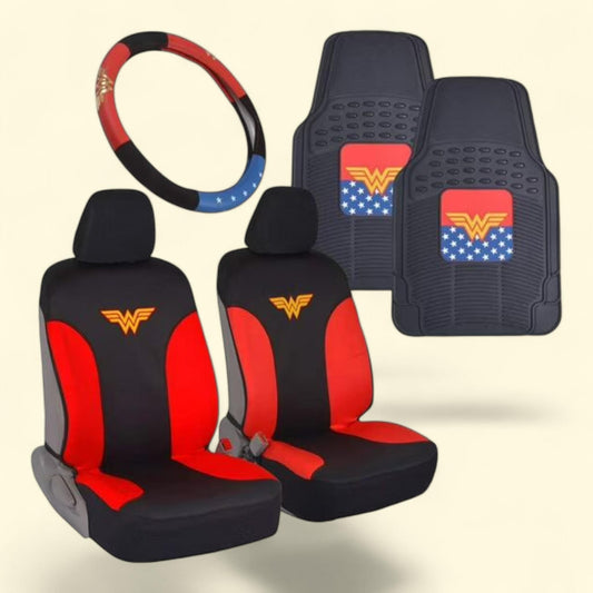 Wonder Woman Car Accessories Pack, Seat Cover, Rubber Floor Mats & Steering Wheel Cover, Car SUV Van Truck