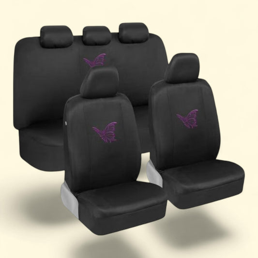 BDK Purple Butterflies Car Seat Covers, Full Set with Steering Wheel Cover and Seat Belt Pads - Front and Rear Seat Covers, Fits Most Car Truck Van SUV
