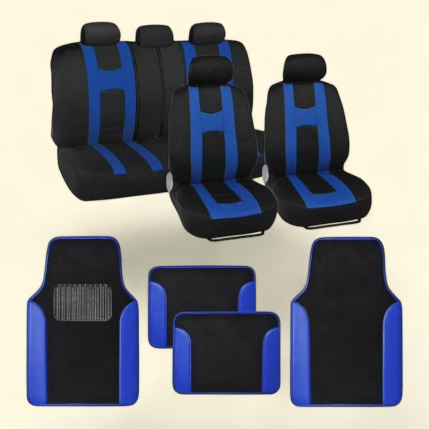 BDK carXS Forza Series Blue Seat Covers Full Set Combo, Front and Rear Bench Seat Cover & Floor Mat Protector Set, Interior Covers for Auto Truck Van SUV
