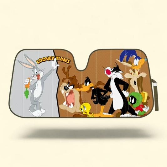 Pare-soleil Looney Tunes pour voiture, pare-brise avant, sous licence officielle, motif Bugs Bunny, Taz, Daffy Duck et leurs amis, style accordéon, pare-brise, 1 pièce