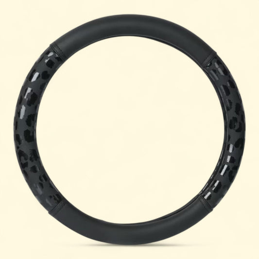 Auto Drive Black Leopard Faux Leather Steering Wheel Cover, Universal Fit for Sedans, SUVs, 1 Set