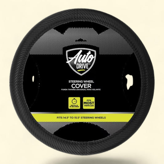 Auto Drive Car Steering Wheel Cover, Carbon Fiber Leather, Black, Universal Fit, 1 Piece