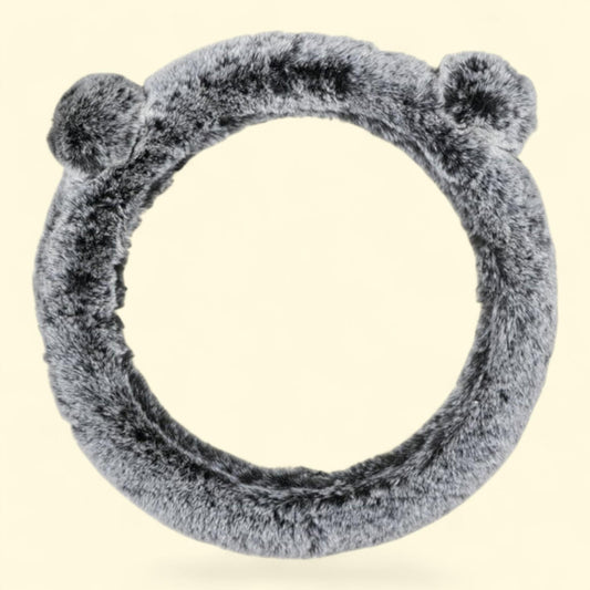 Auto Drive Steering Wheel Cover, Gray Fluffy Pom-Pom Ears, One Size