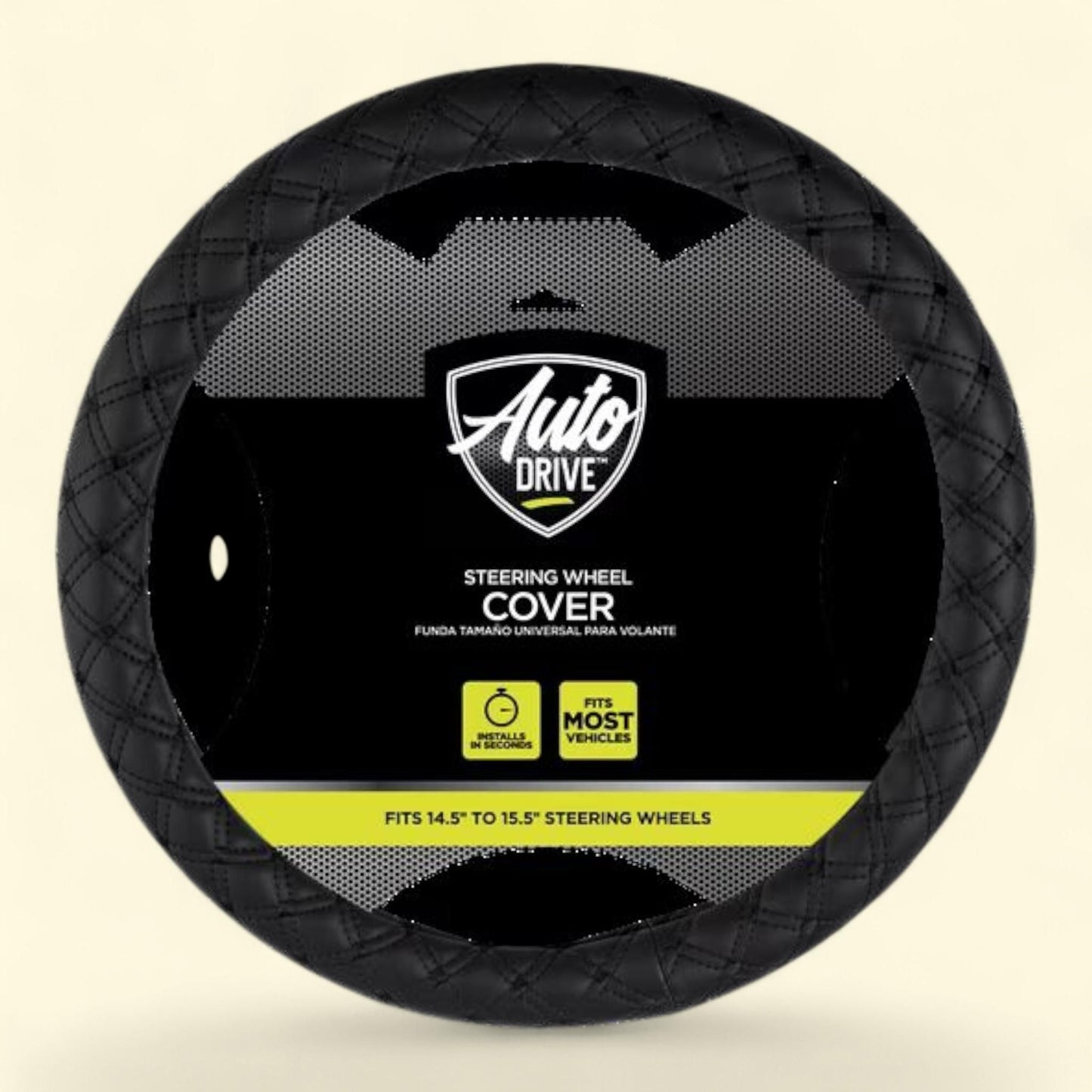 Auto Drive Car Steering Wheel Cover, Diamond Quilt Leather, Black, Universal Fit, 1 Piece