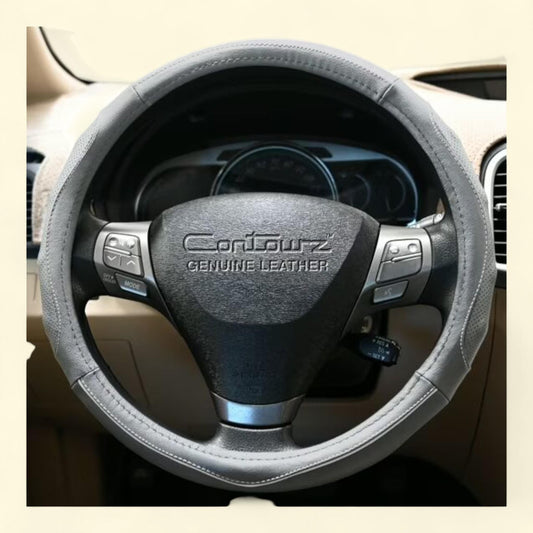 Contourz Pro Grip Leather Steering Wheel Cover, Small (13.5 - 14.4) Grey/White