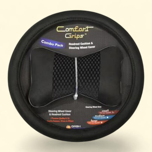 Comfort Grips, Steering Wheel Cover/Seat Belt Cushions Combo Pack, Small (13.5 - 14.4), Black