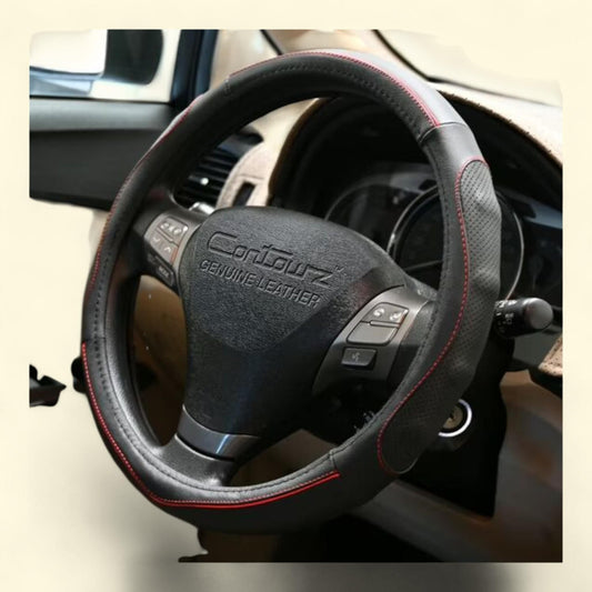Contourz Pro Grip Leather Steering Wheel Cover, Large (15.5 - 16.4) Black / Red