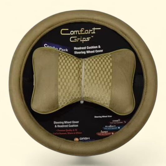 Comfort Grips Ultra Plush Steering Wheel Cover/Headrest Combo Pack, Medium Tan