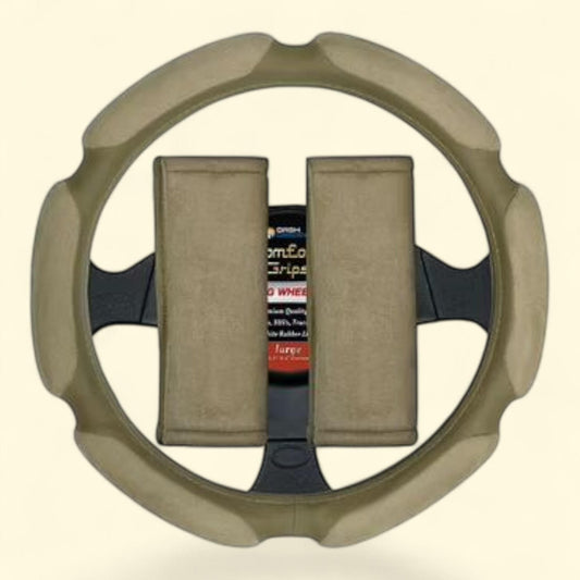 Comfort Grips Steering Wheel Cover/Seat Belt Cushions Combo Pack, Medium Tan