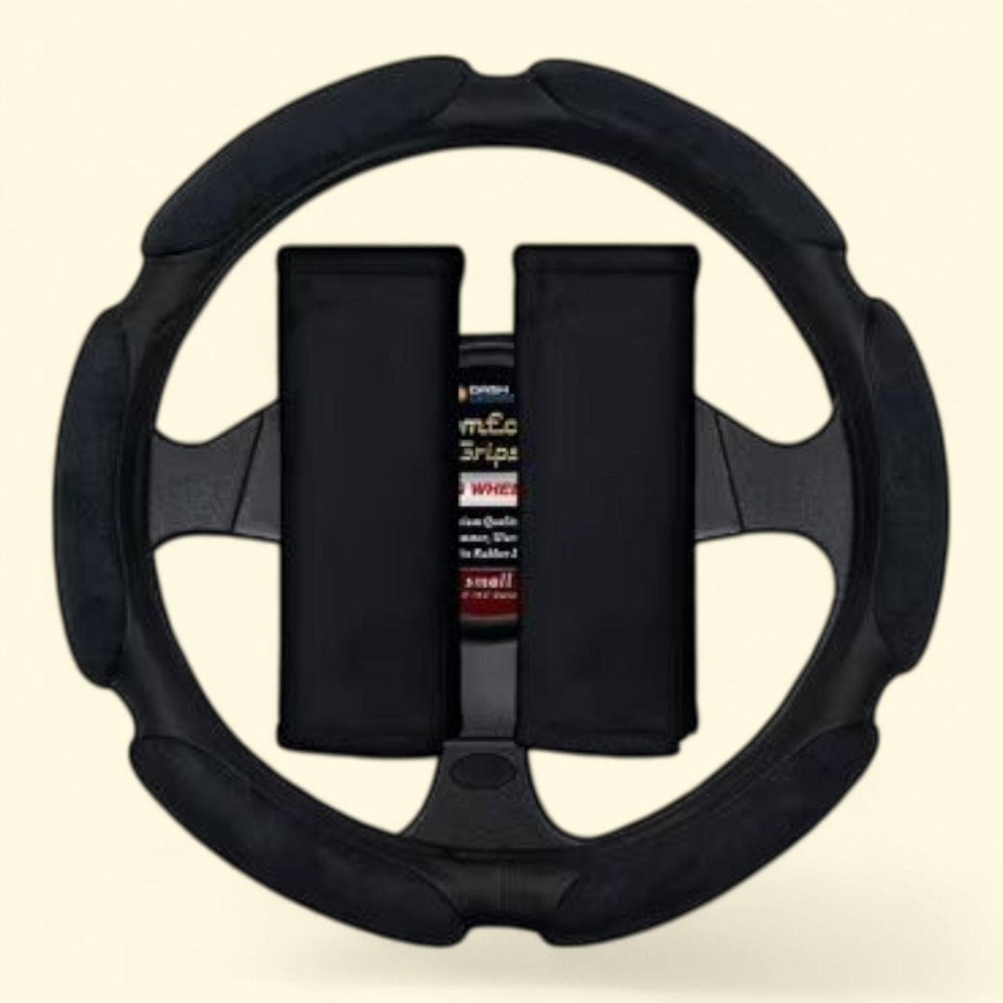 Comfort Grips Steering Wheel Cover, Seat Belt Cushions Combo Pack Medium Black