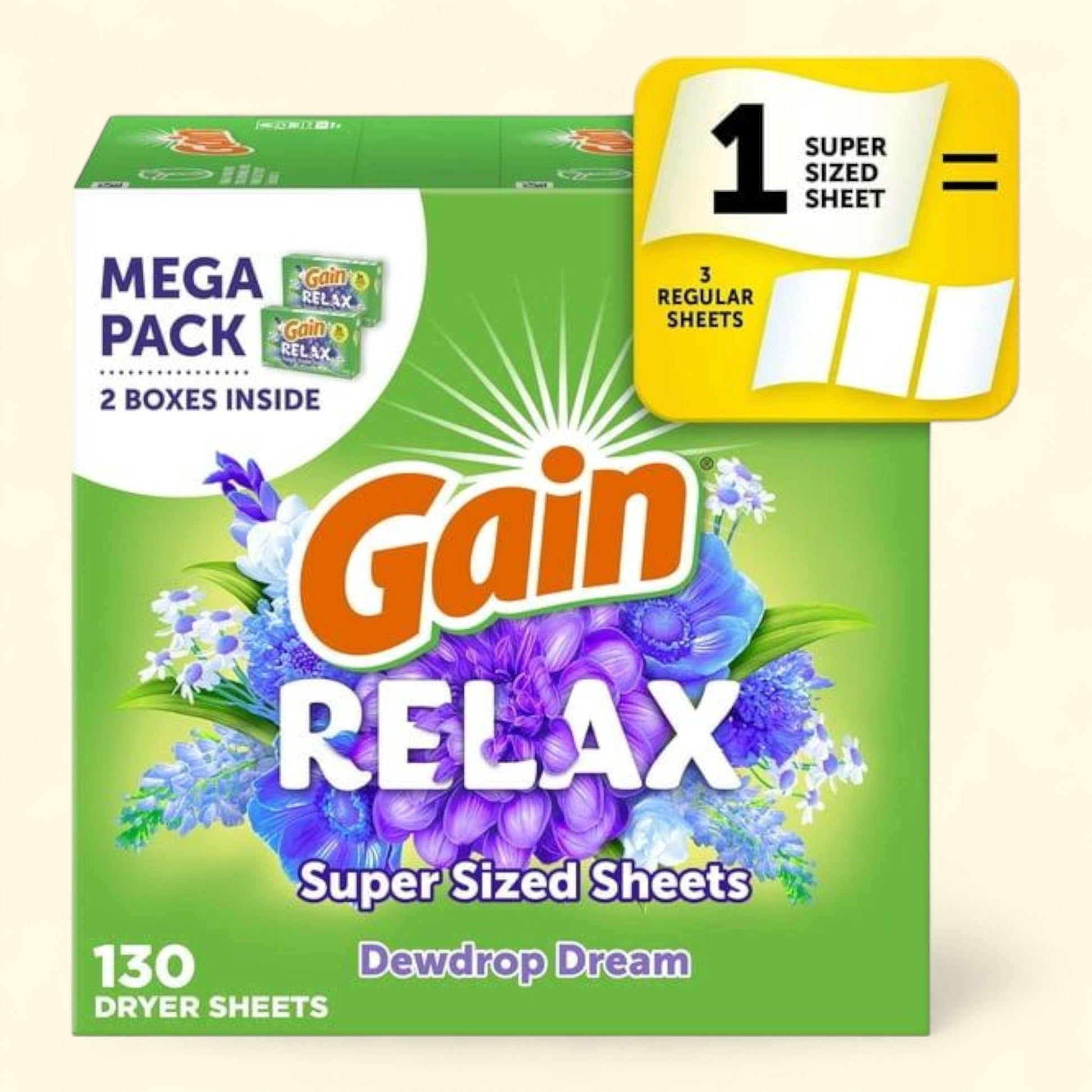 Gain Dryer Sheets, Relax, Dewdrop Dream Scent, 130 Count — authentic US product shipped worldwide by Treatspree