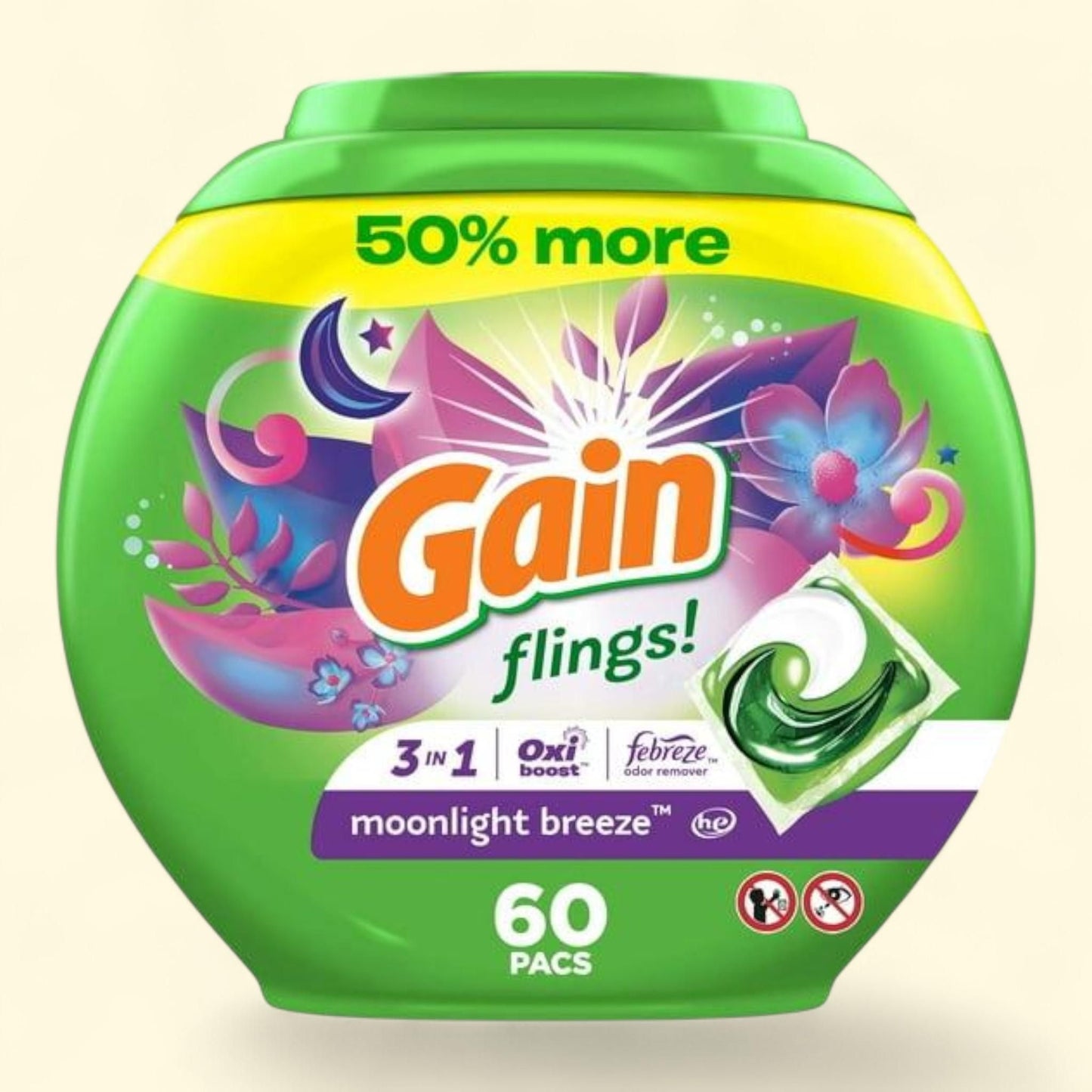 Gain Flings Laundry Detergent Pacs, Moonlight Breeze Scent, 60 Count