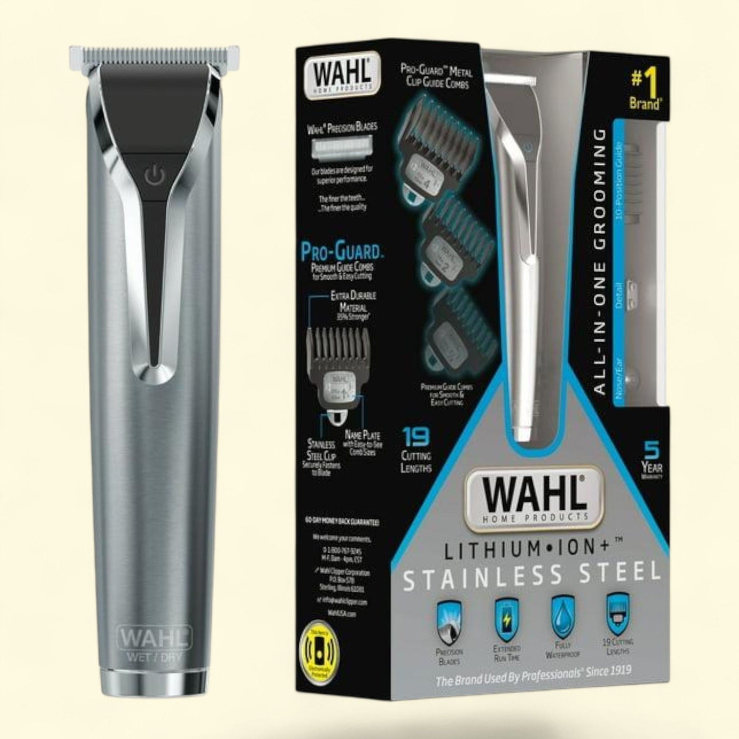 Wahl Beard Trimmer, Stainless Steel, Men's, Lithium Ion, Removeable Blades, Interchangeable Heads, Grooming Ear, Nose, Brow, Detail Trimming, #9898, All in one pack